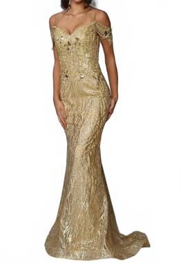 NEW MAY QUEEN COUTURE embellished cold shoulder prom gown in gold